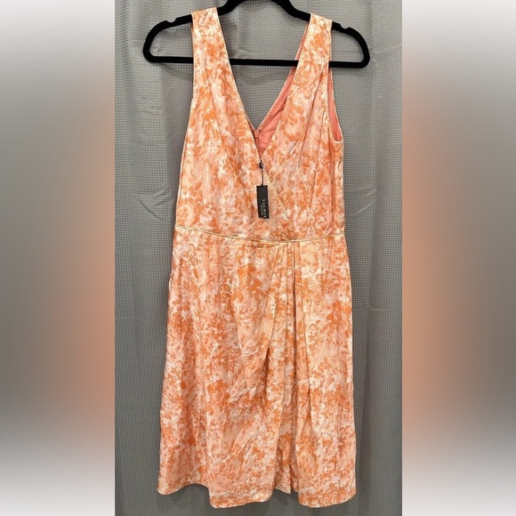 New Talbots Sz 14 Silk Floral Print V Neck Back Fit Flare Midi Dress peach - Picture 1 of 4